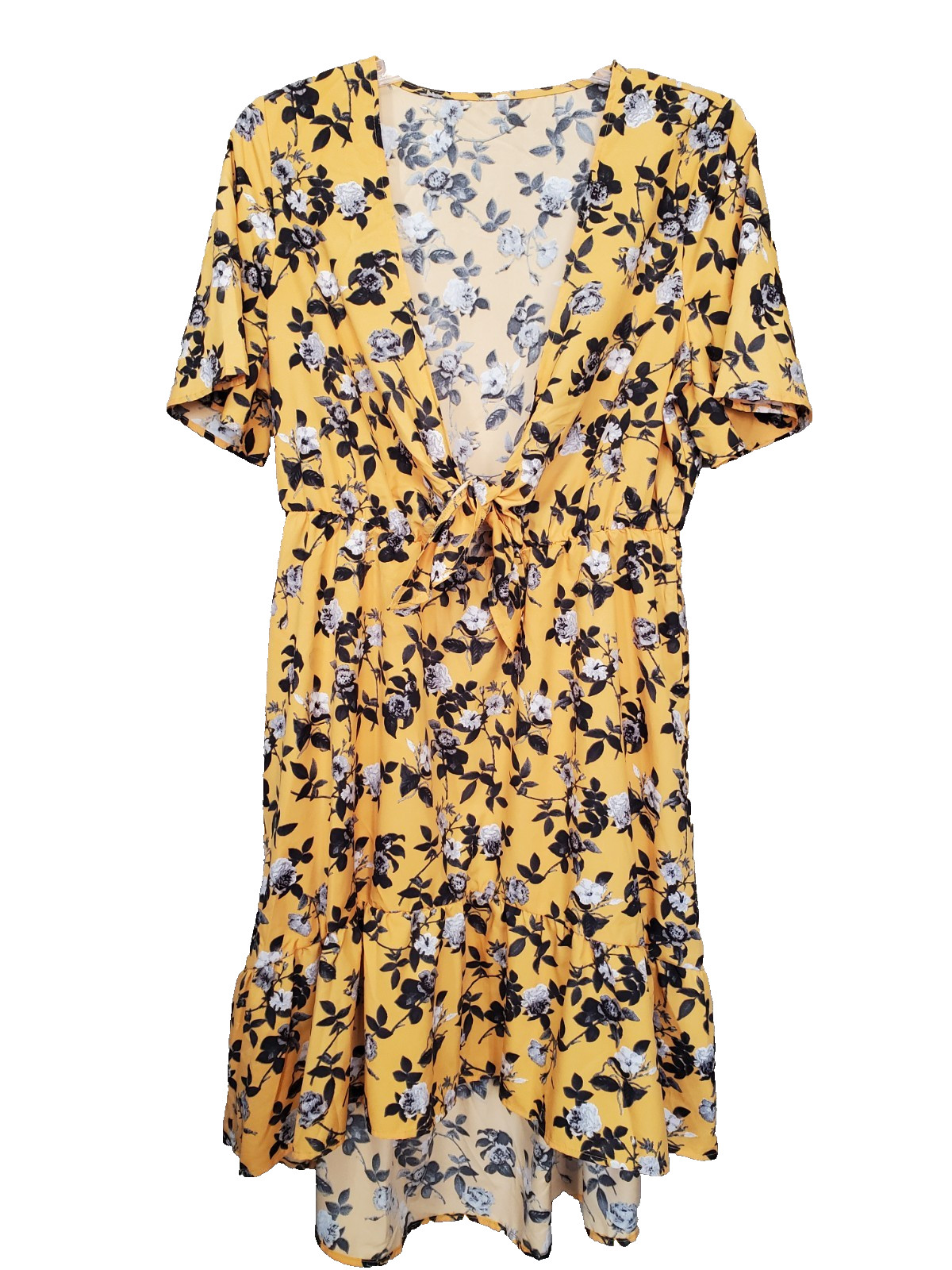 Shein Marigold Yellow Floral Print Tie-Front Plunging Neck Hi-Low Hem Dress 2XL