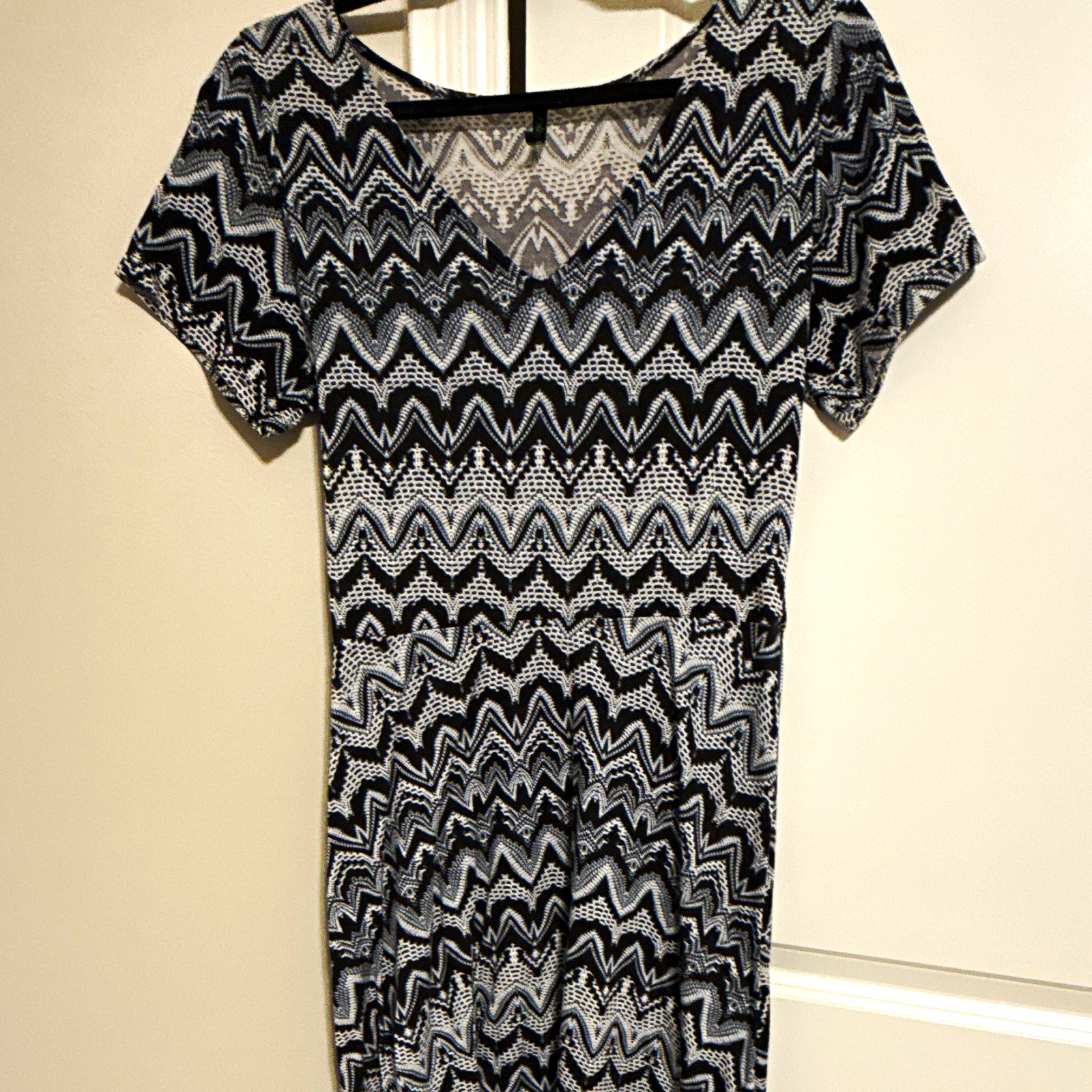 Poliana Plus Black White Gray Chevron Knit Maxi Dress Scoop Neck Short Sleeve 2X