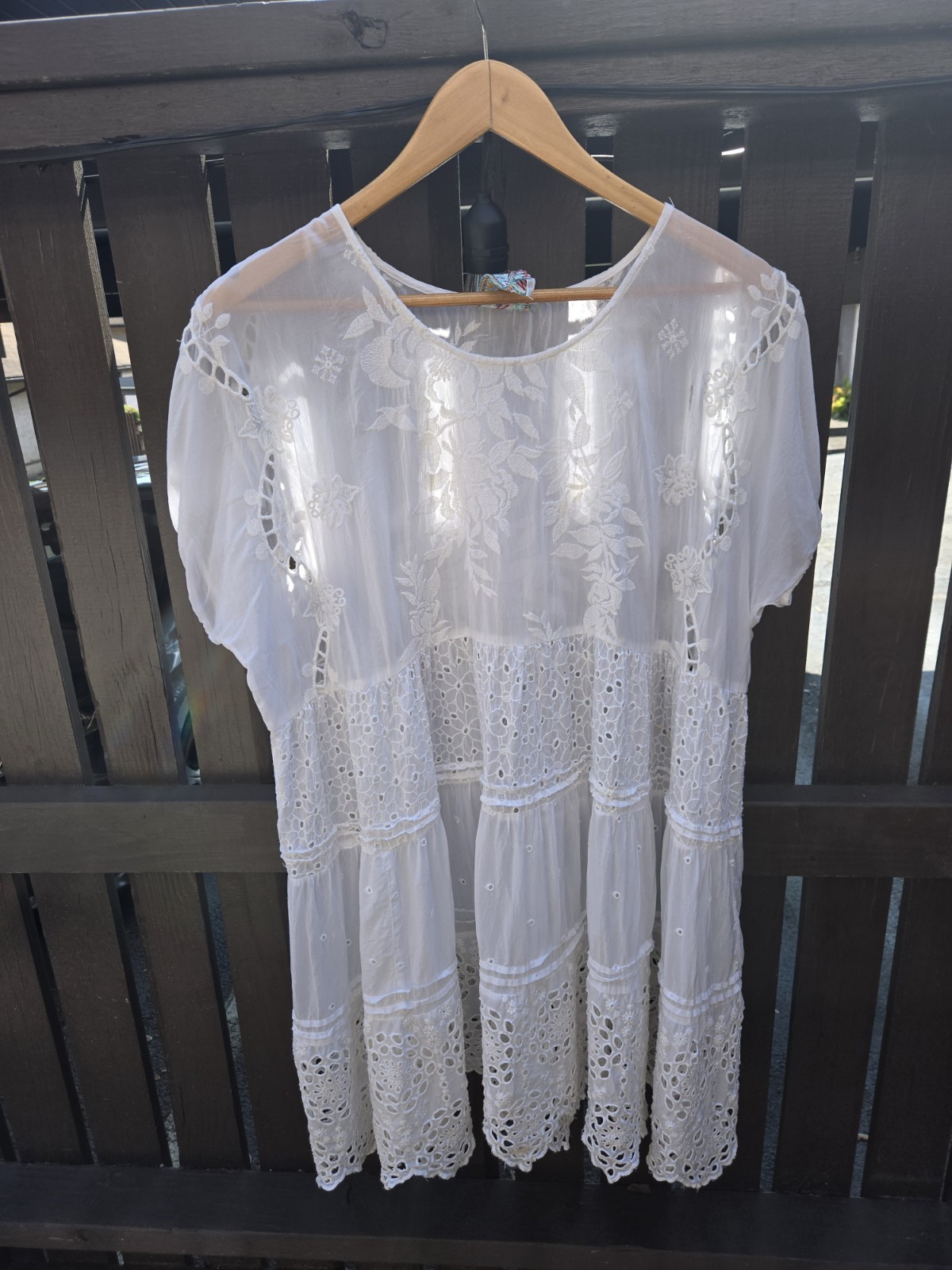 JOHNNY WAS Boho Lace Tunic Mini Dress Ivory Large Crochet Festival Top Sheer