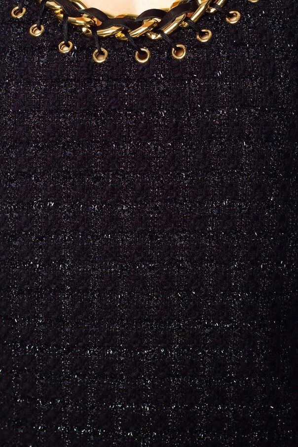 BALMAIN Tweed Fringe Shift Dress 38 M Linen-Blend Chain Trim Black RRP £2,650