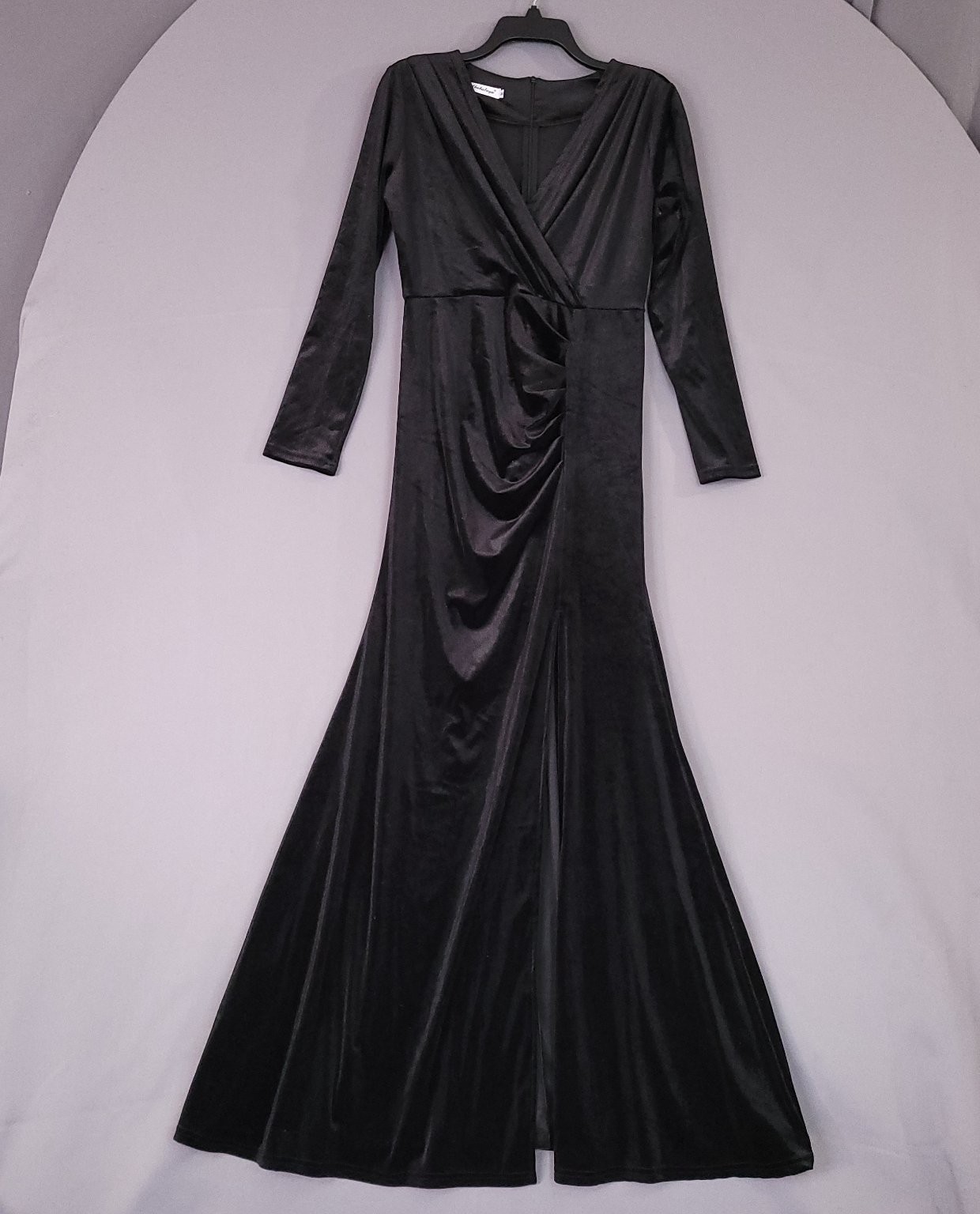 Ababalaya Women’s Black M Long Sleeve Faux Wrap Velvet Maxi Dress