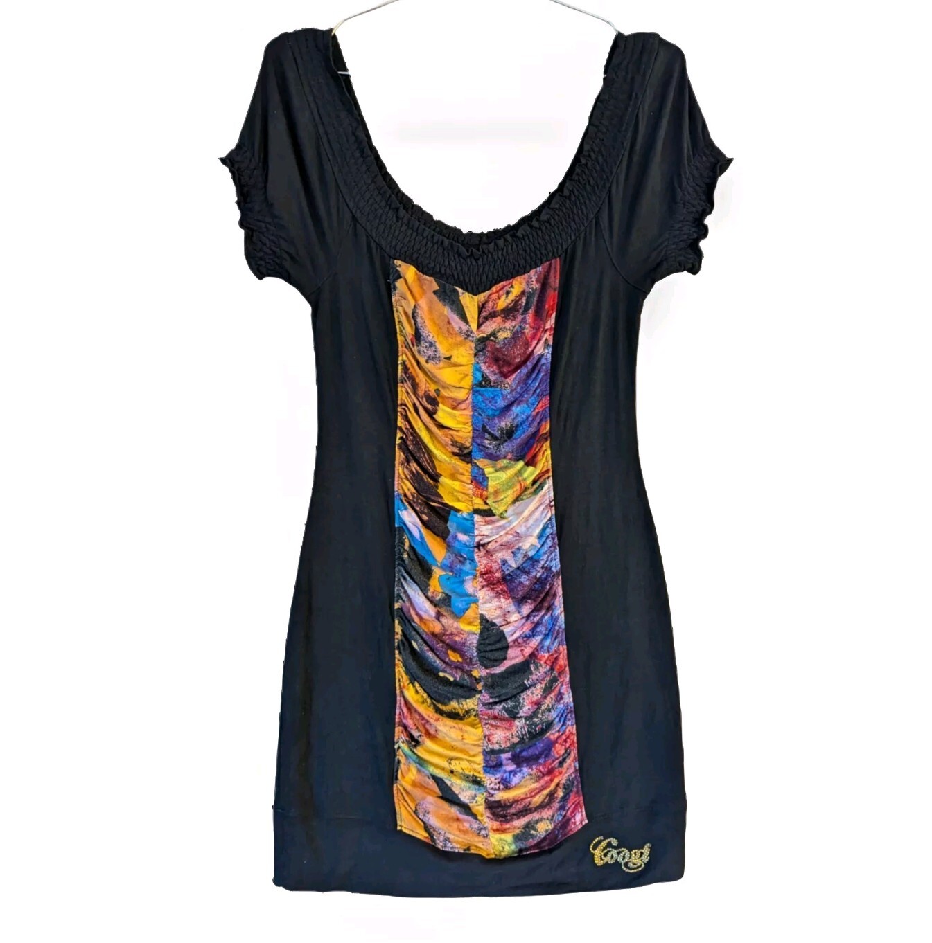 COOGI 90s Ruched Black Mini Dress Bodycon Buttons Cut Out Back Rhinestones Sz L