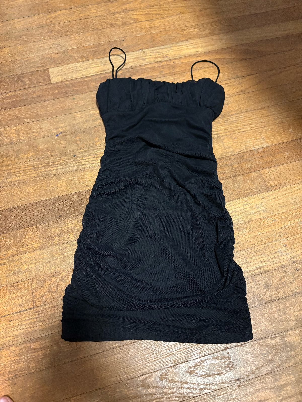 Women’s Solid Ruched Mesh Bodycon Spaghetti Strap Mini Dress Red or Black US2