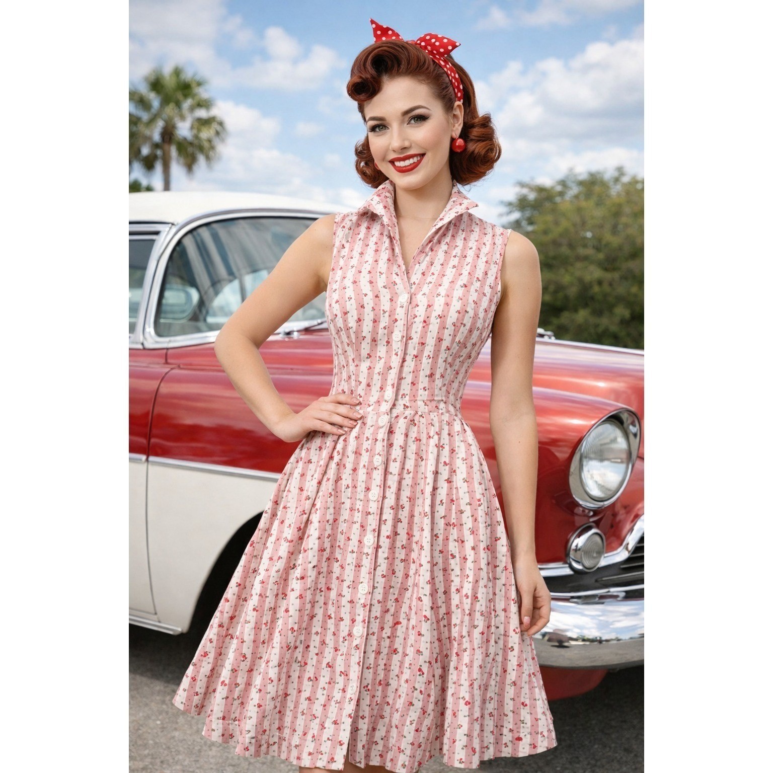 Cherry Print Shirt Swing Dress Size 4 Stripe Retro Rockabilly Unique Vintage