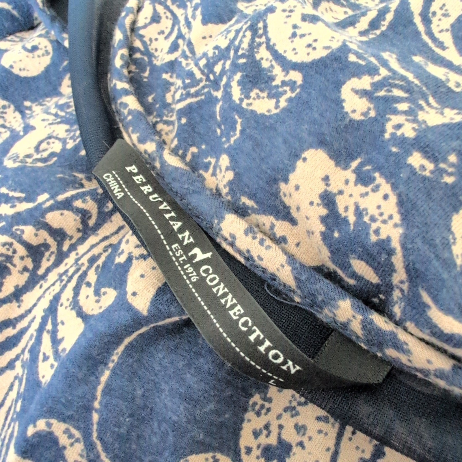Peruvian Connection Navy Blue Tan Damask Floral 3/4 Sleeve Midi Dress Large