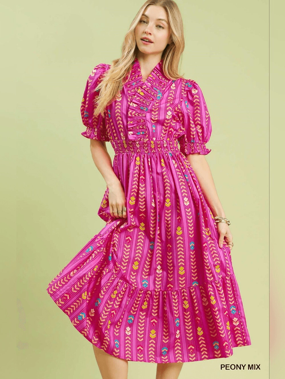 Umgee Peony Mix Fuchsia Printed Puff-Sleeve Midi Dress sz Large