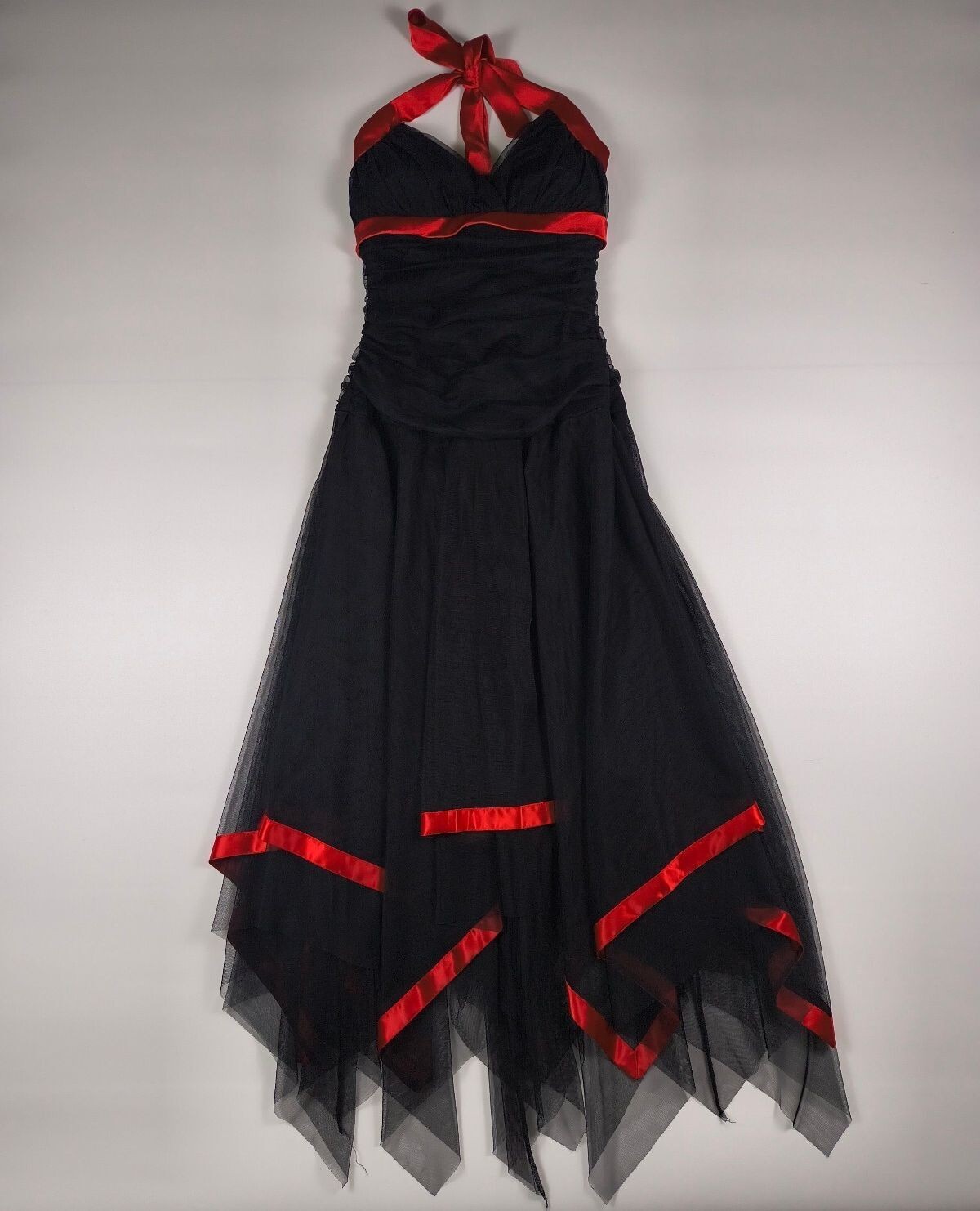 Masquerade Black and Red Halter Dress with Handkerchief Hem