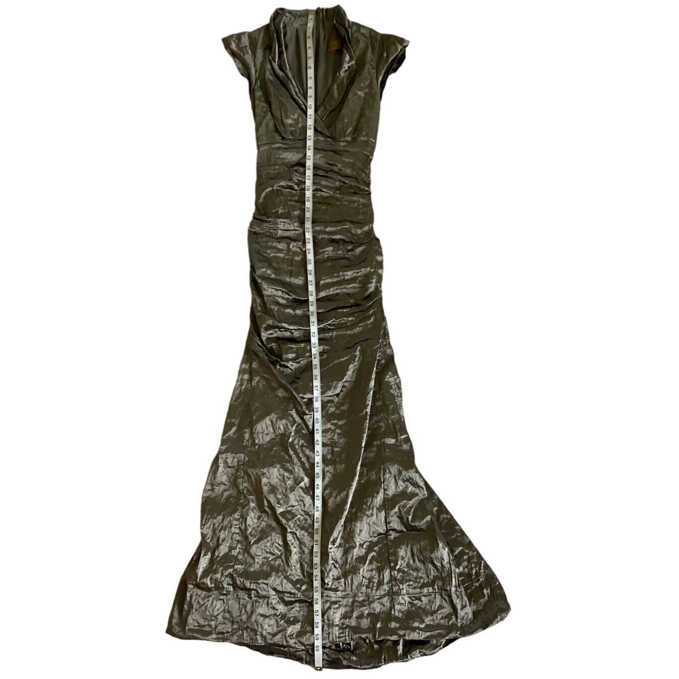 Nicole Miller Metallic Taffeta Crinkle Stretch Mermaid V-Neck Gown Green 2