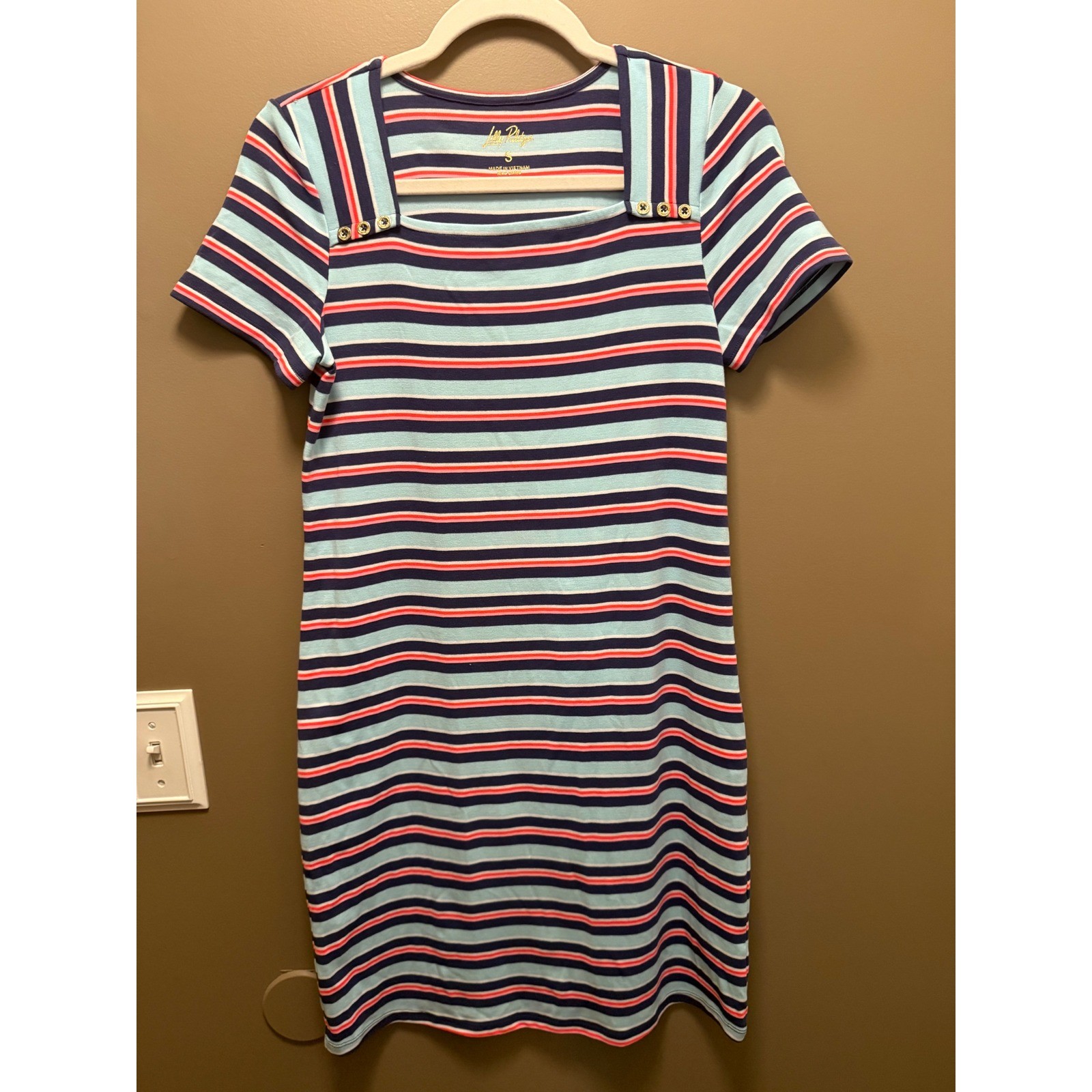 Lilly Pulitzer Striped Square Neck Dress Blue Pink Gold Button Short Sleeve S