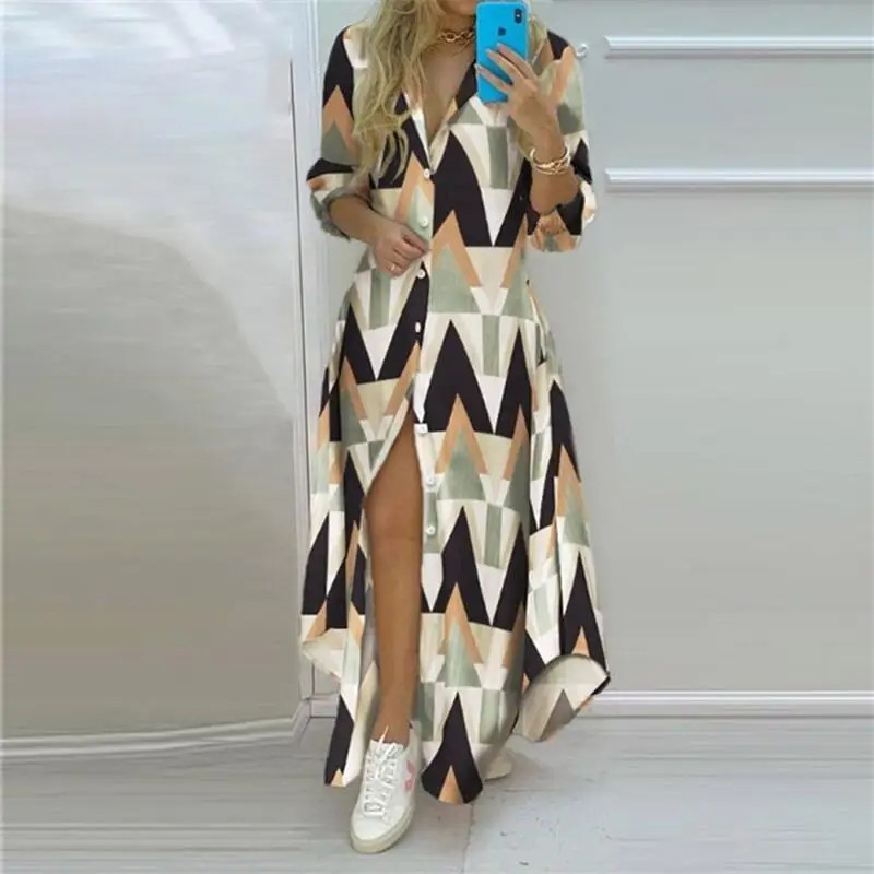 Summer Women Boho Printed Long Shirts Elegant Dress Turn-down Collar Long Sleeve
