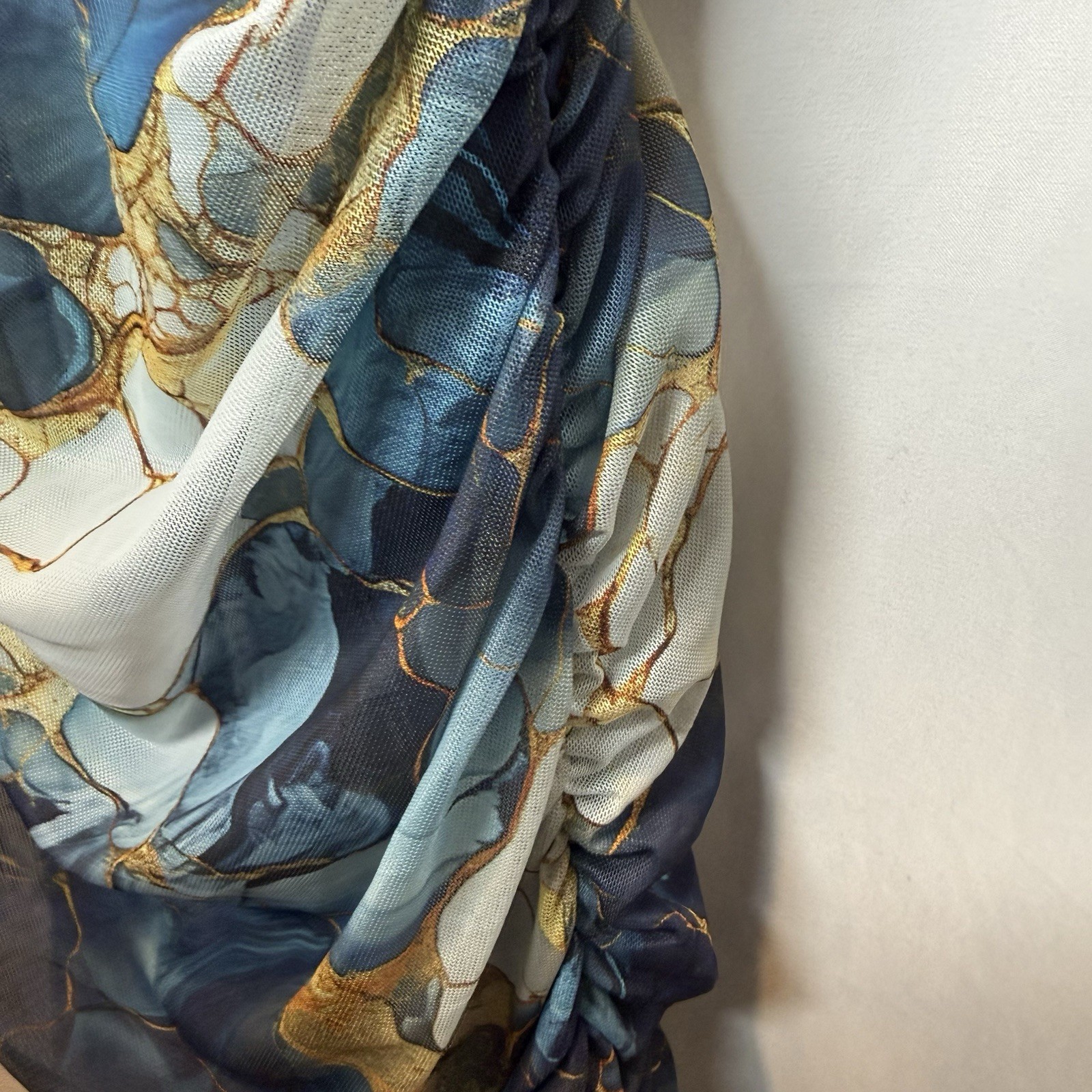 Akira Lorraine Marble Print Mesh Maxi Dress Blue Ruched Bodycon Sleeveless S M