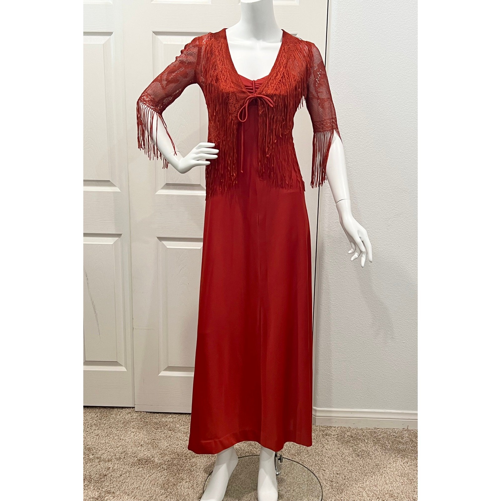 vintage 70s rust disco 1970s fringe dress strappy polyester evening dress Small