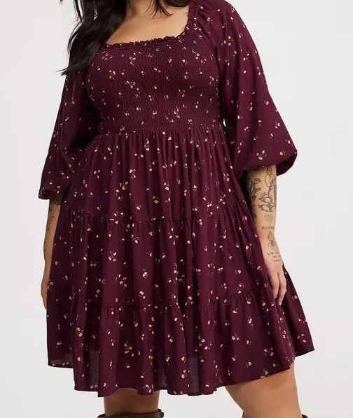 NWT Torrid Plus Size 4X Wine Smocked Bodice Mini Dress Floral Puff Sleeve $76