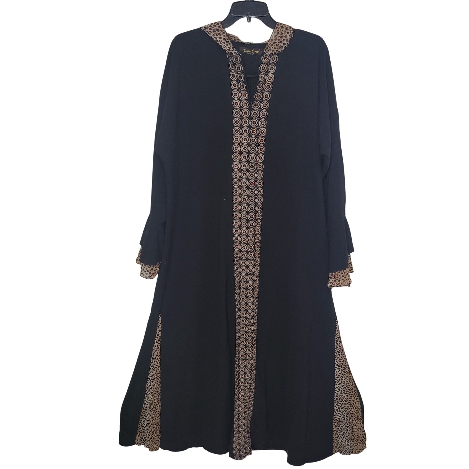Yinggi Fengzi OS Abaya Kaftan Women Black Leopard Print Embroidered Hooded Maxi