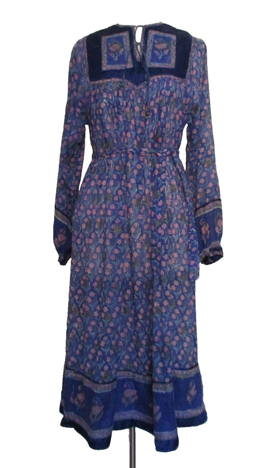 Vintage 70s Her Excellency INDIA Cotton Block Print Hippy Peasant DRESS S Women