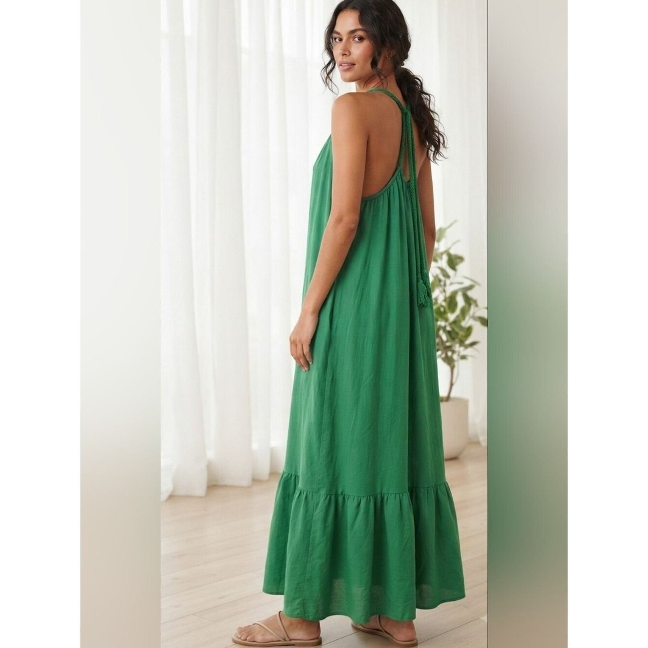 Green Halter Maxi Dress, Tiered Hem, Braided Details, Beachy/Vacation Style