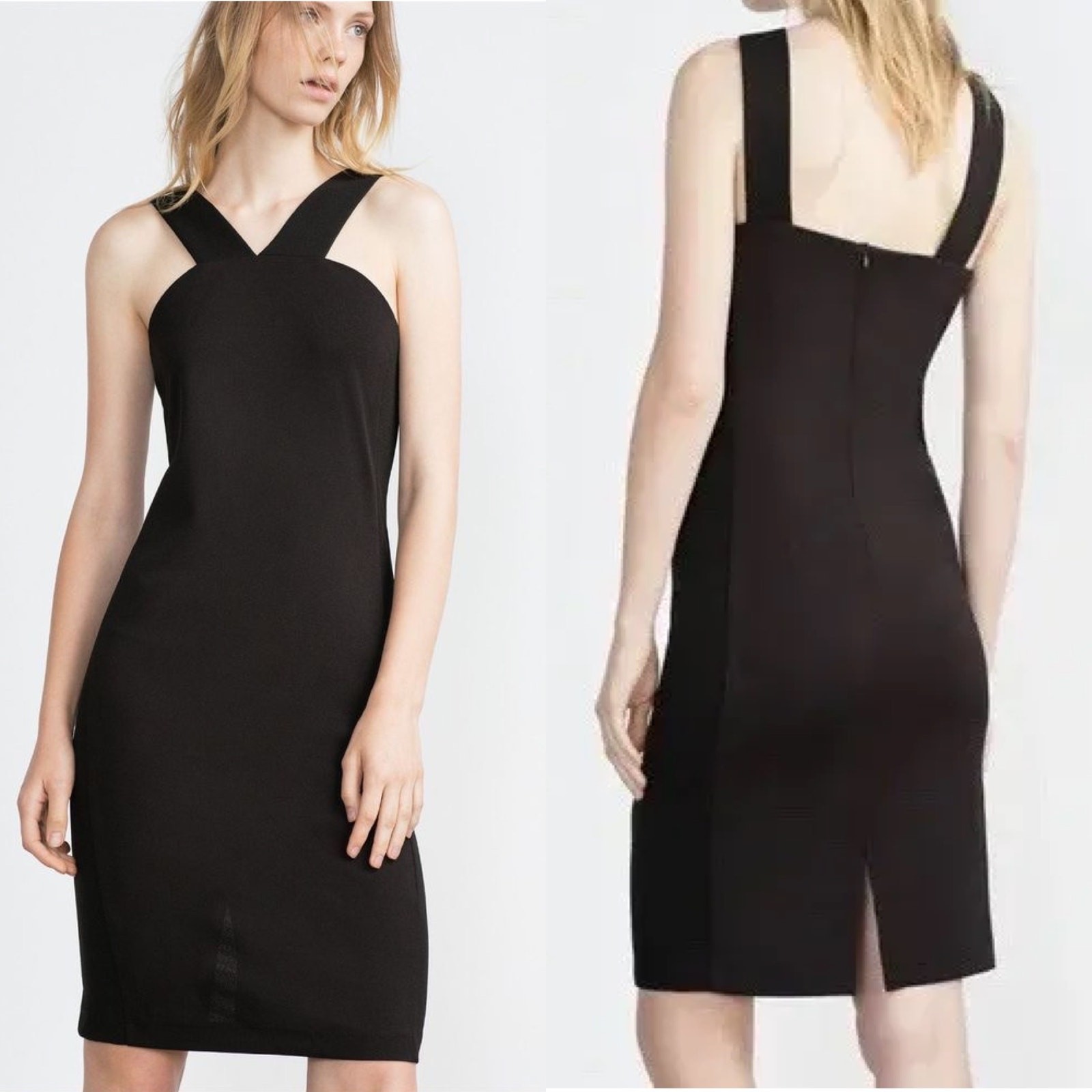 Zara W&B Crepe Sheath Dress Cross Over V Neck Knee Mini LBD Wide Straps Black L