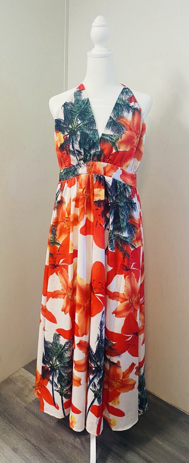 CBR Women’s L Orange/White/Green Tropical Floral Halter Backless Maxi Dress