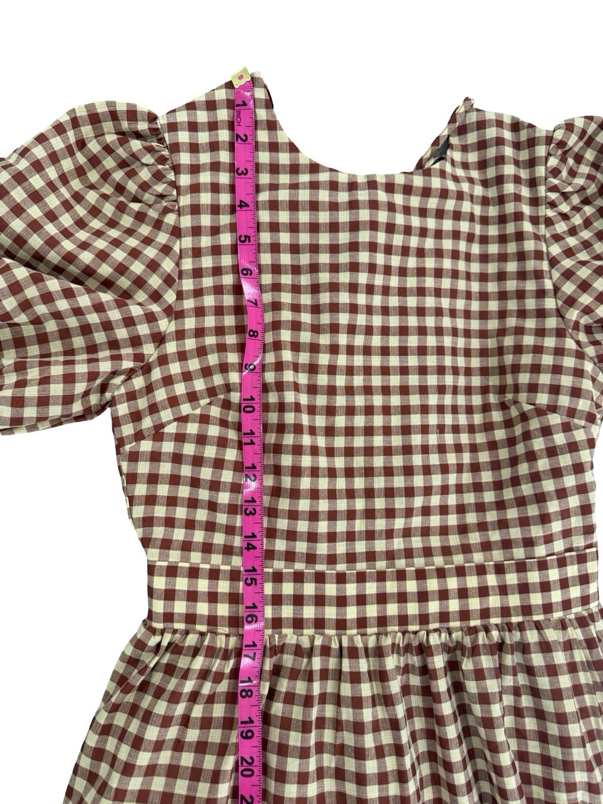 En Saison Brown/White Gingham Square Neck Puff Sleeve Midi Dress Pockets Sz S