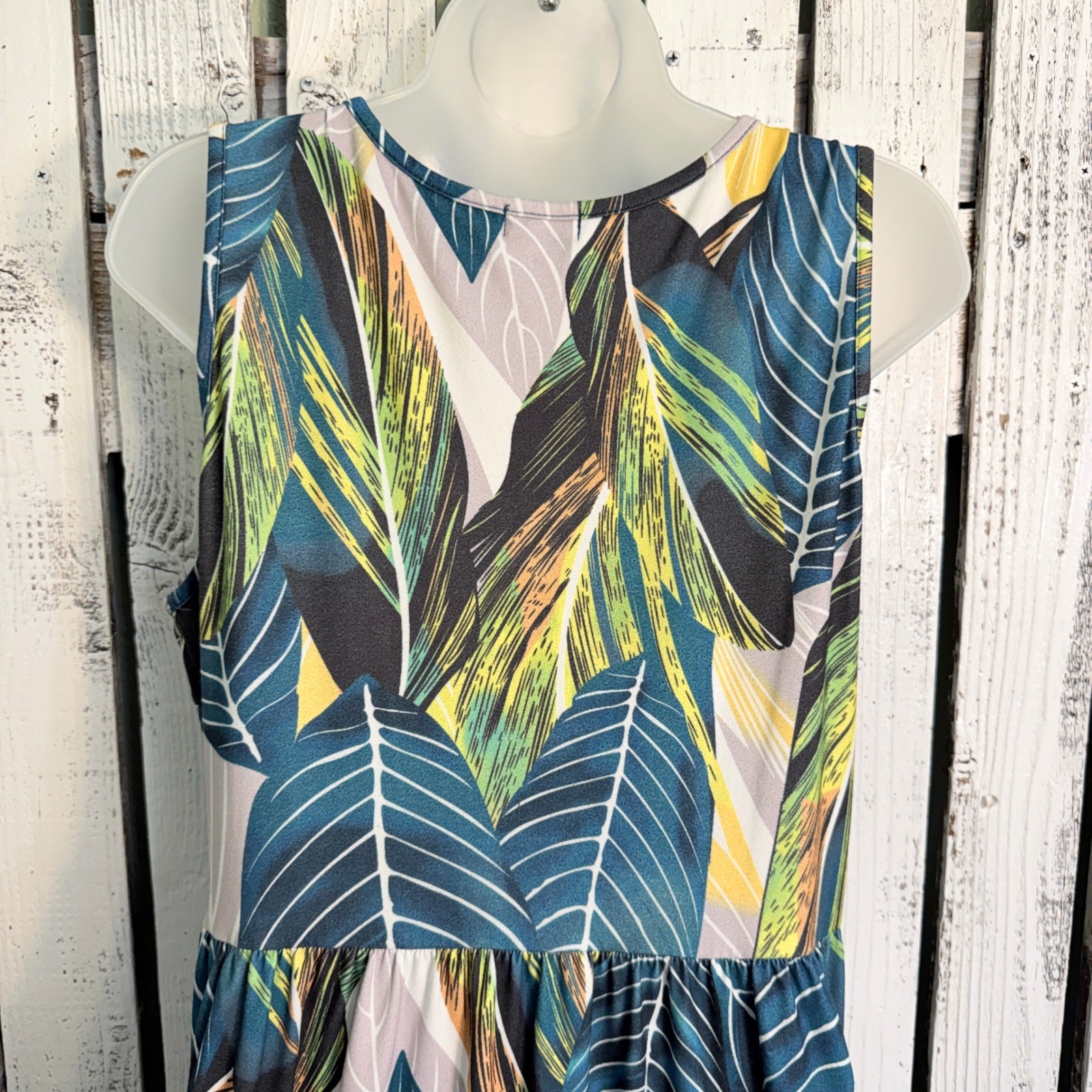 Hount Tropical Palm Leaf Maxi Dress L Sleeveless Pockets Beach Vacation Resort