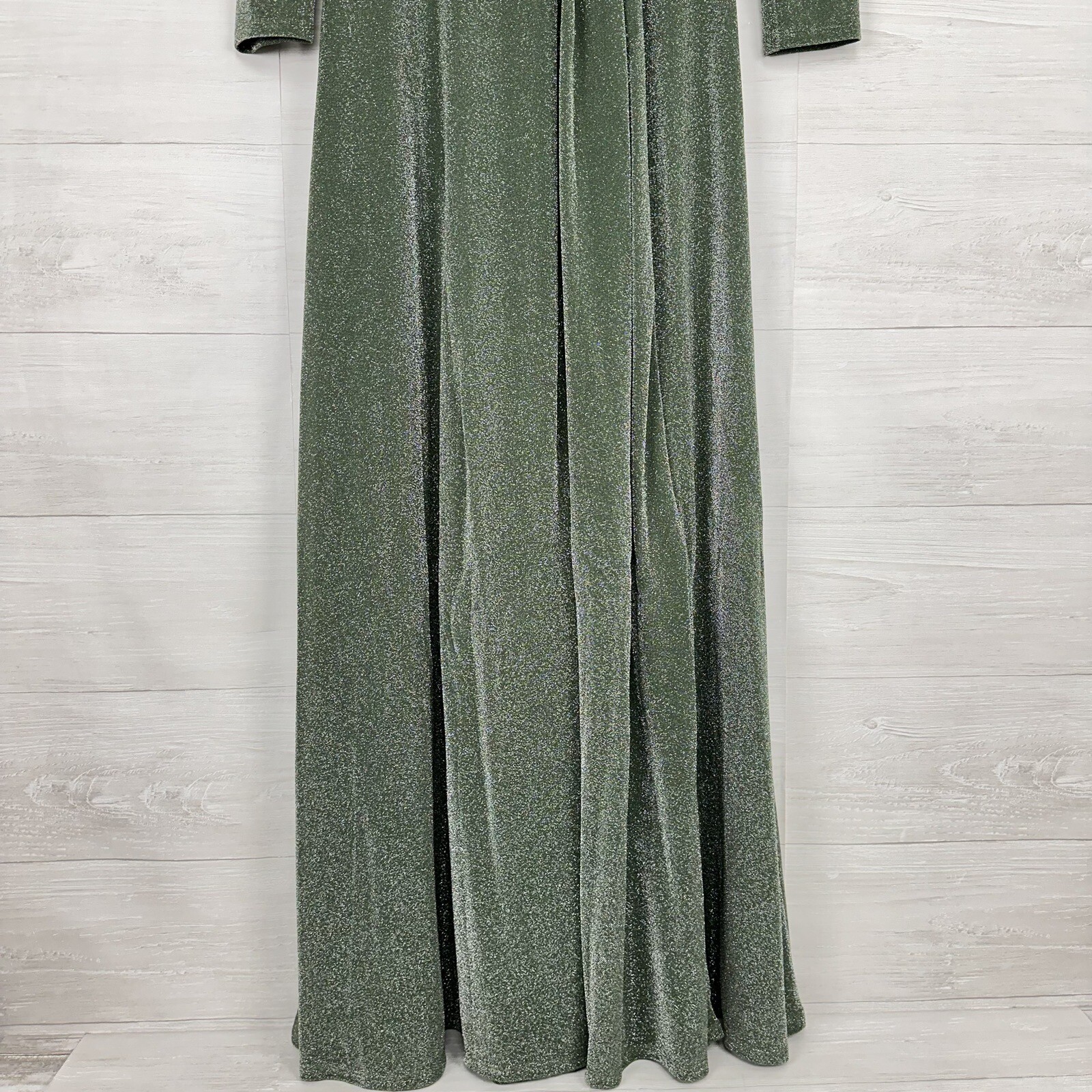 Mac Duggal Ieena Evening Gown Size 6 Long Sleeve Faux Wrap Jade Green Sparkly