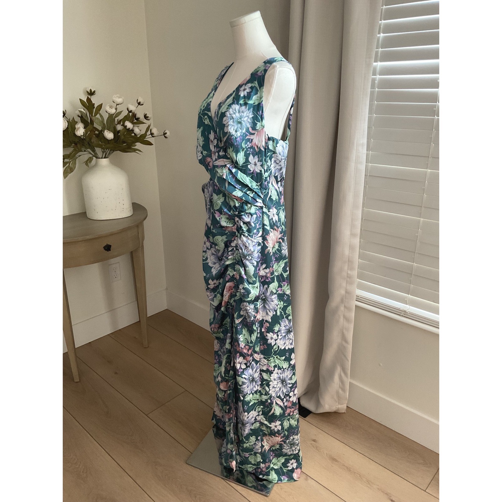 ASTR the Label Teal Floral Pleated Cutout Maxi Dress XL Sleeveless Slit Gown