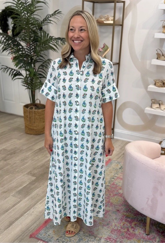 LIVRO Gibbons Dress Small Beach Sprigs NWT Maxi Shirt Dress Pockets Button