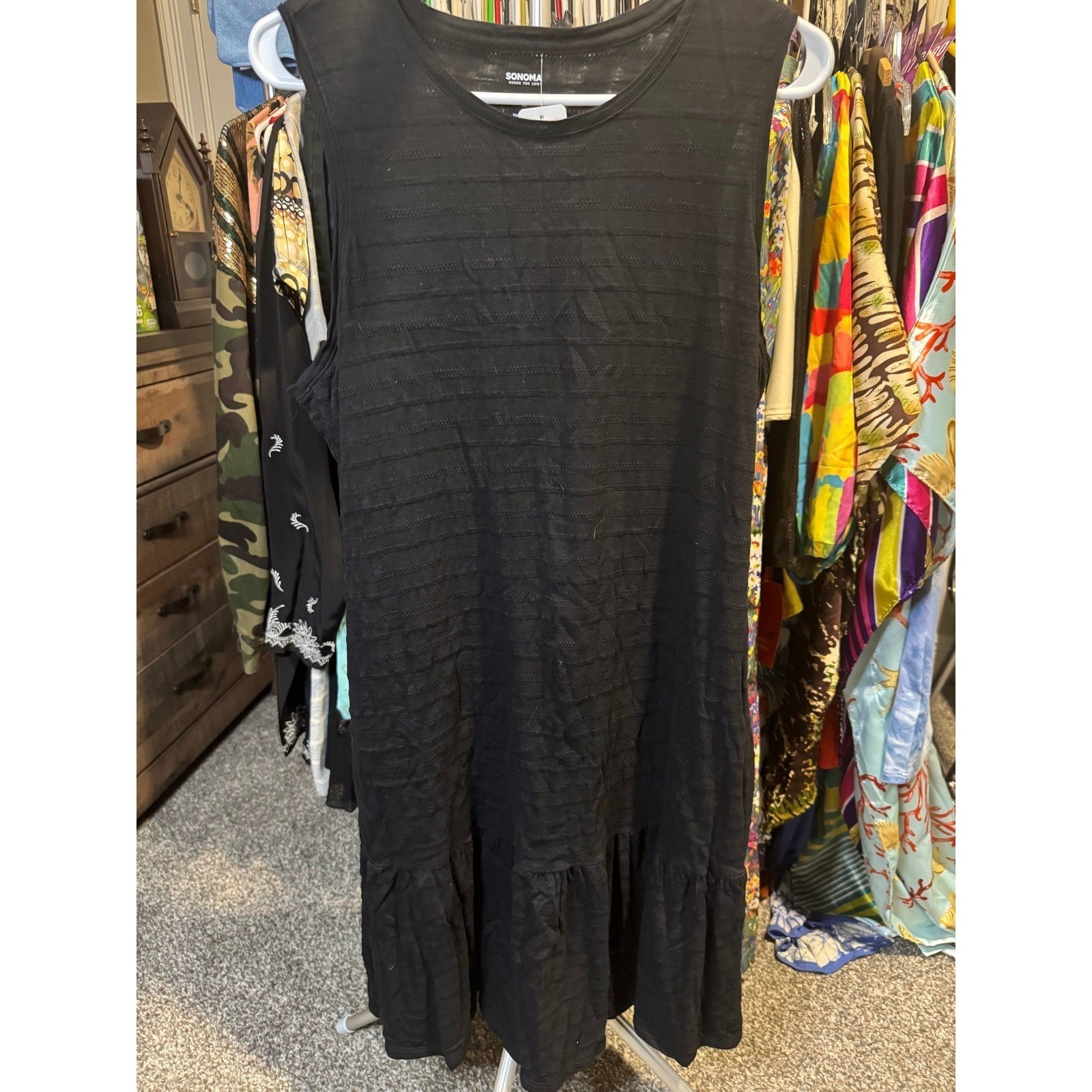 081 Sonoma Goods For Life Black Textured Stripe Sleeveless Ruffle Hem Dress L