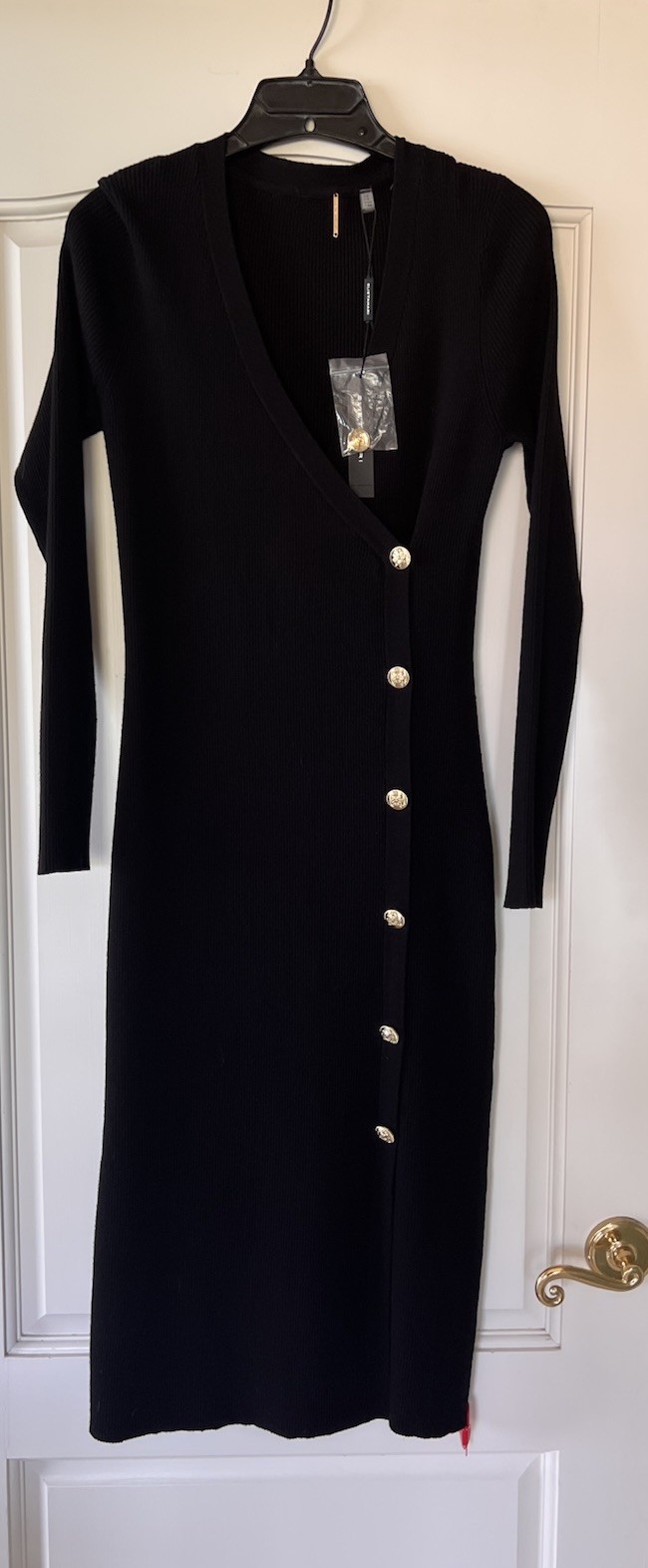 NWT $295 Elie Tahari noir black The Casey knit Sweater Midi Dress gold buttons M
