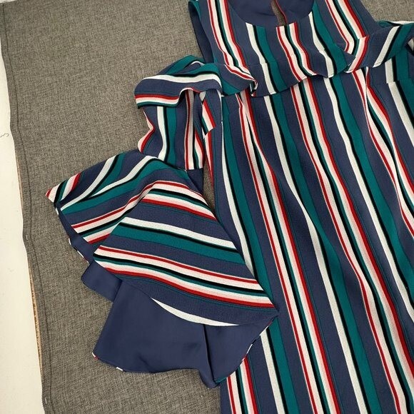 Gianni Bini Striped Dress Flutter Sleeves Cold Shoulder XS Blue Green Red White
