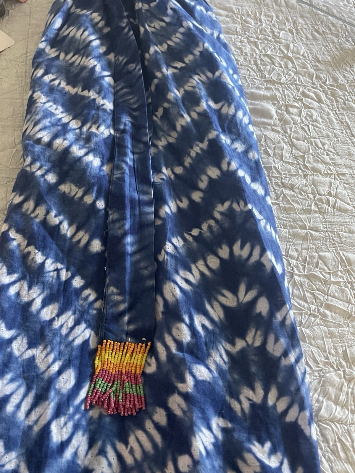 Blue Island One Size Blue/White Tie Dye Midi Sundress Smocked Beaded Fringe