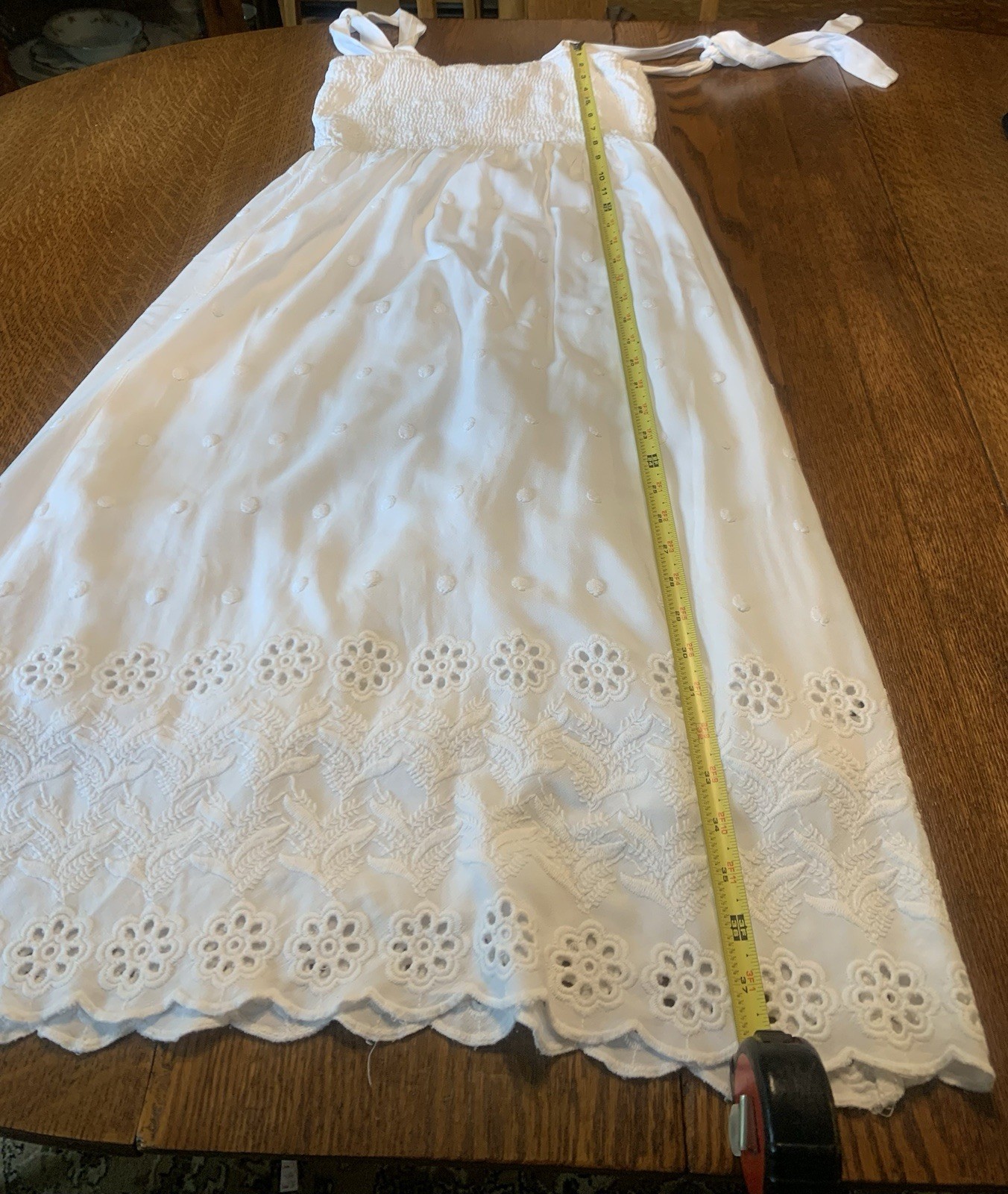 White summer long cotton eyelet dress tie sleeveless scalloped design edge Sm