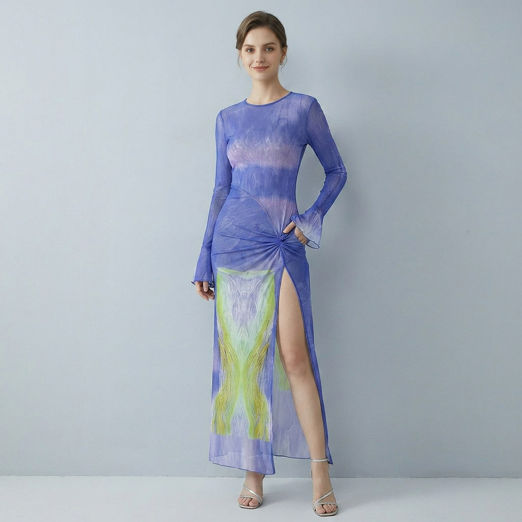 Ethereal Mesh Marble Maxi Dress