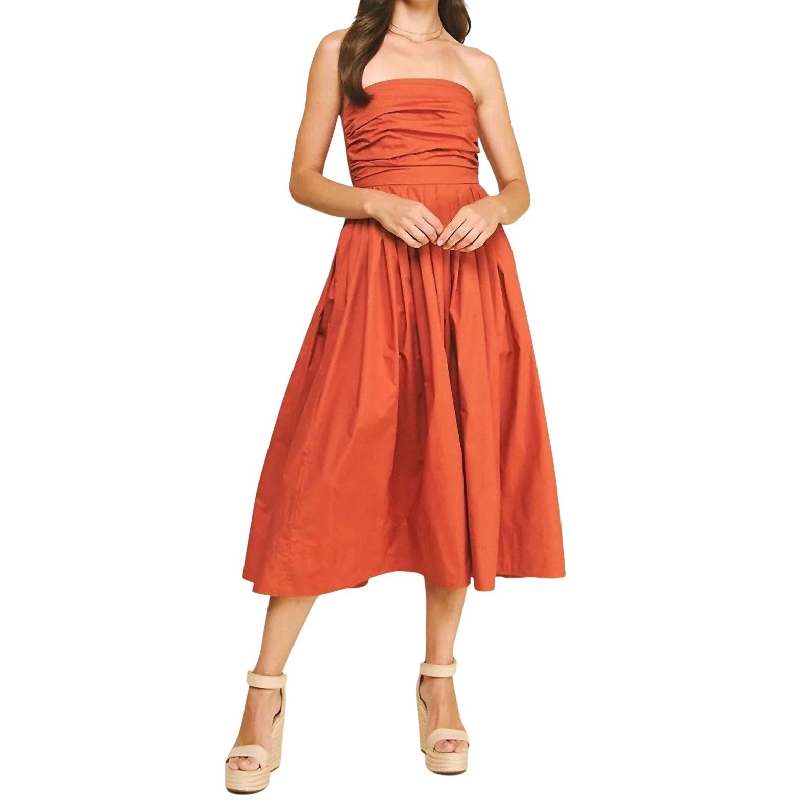 NEW PINCH Florence Shirred Strapless Midi Dress SZ S Rust Orange Pockets Cotton