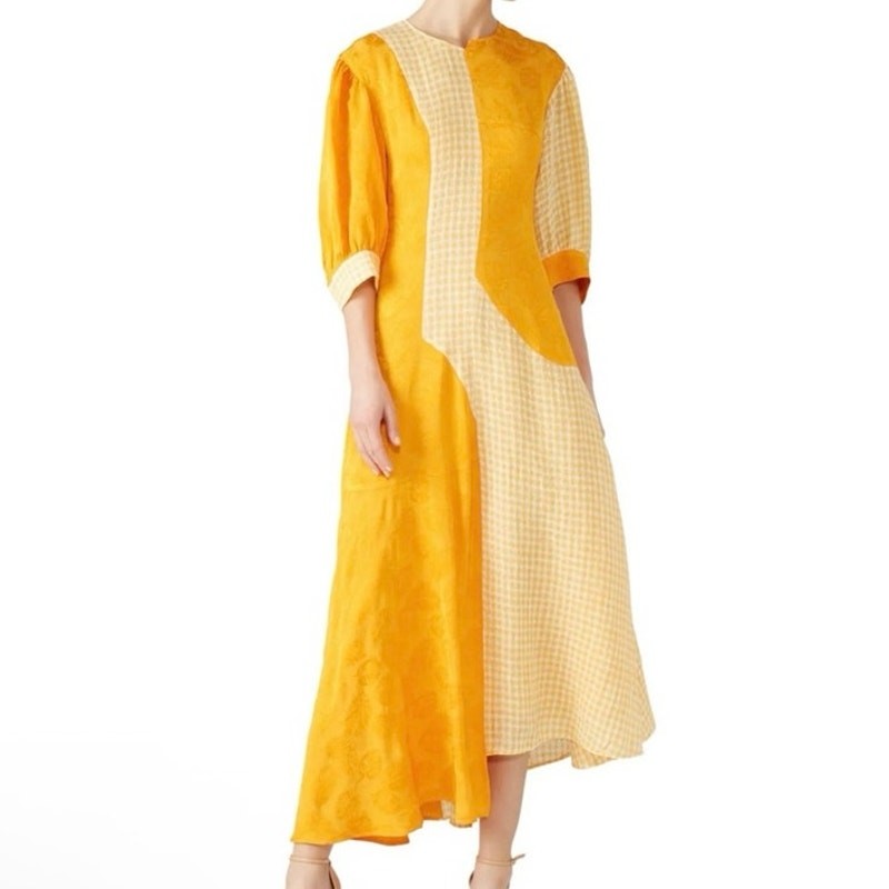 Rejina Pyo Yellow PaneledAsymmetric Maxi Dress Linen SiZe 12