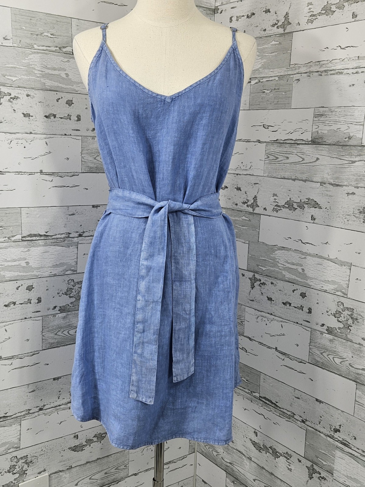 Bella Dahl Belted Smocked Back Linen Dress Womens Medium Blue