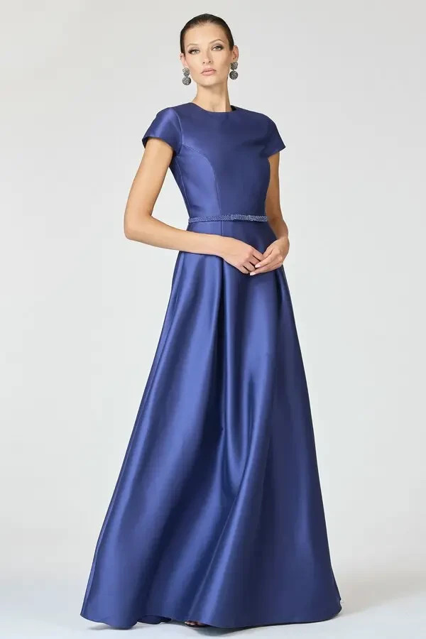 Sachin & Babi Washed Indigo Blue Blythe Box Pleat Beaded Belt Gown Size 18W $995