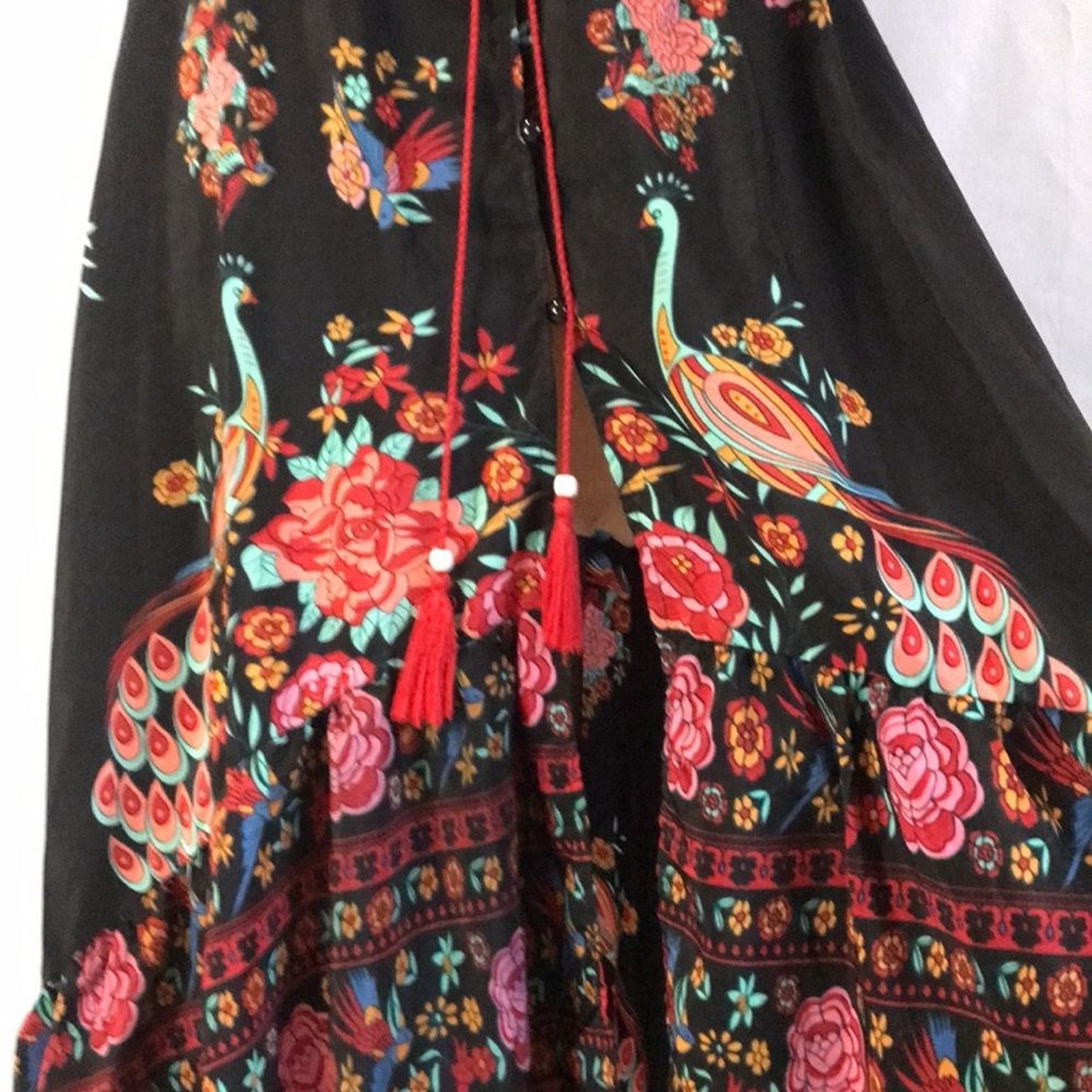 Black floral peacock colorful print short sleeves hi-low maxi dress boho gypsy M