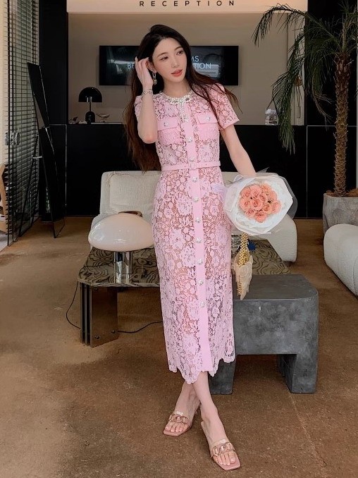 Self-Portrait Bow tie pink Lace Dress Round collar Fishtail evening Dresses