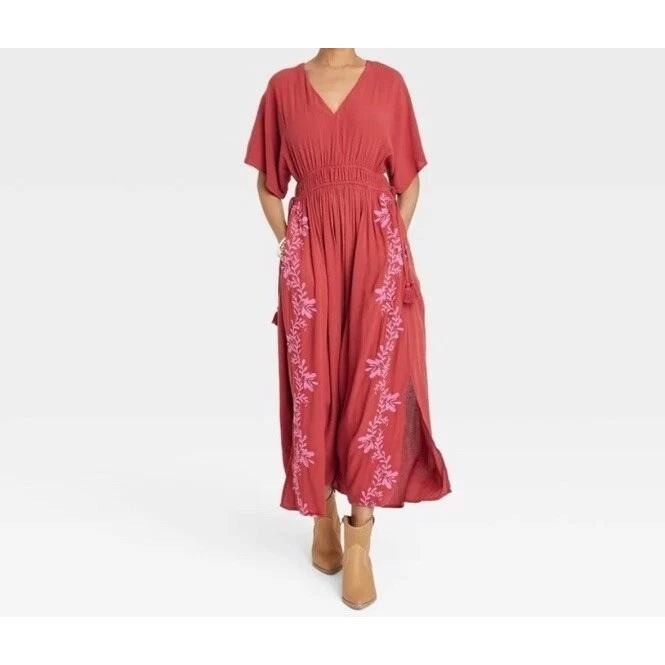 Knox Rose Maxi Dress XL Red Pink Embroidered Boho Smocked V-Neck Cottage Gauze