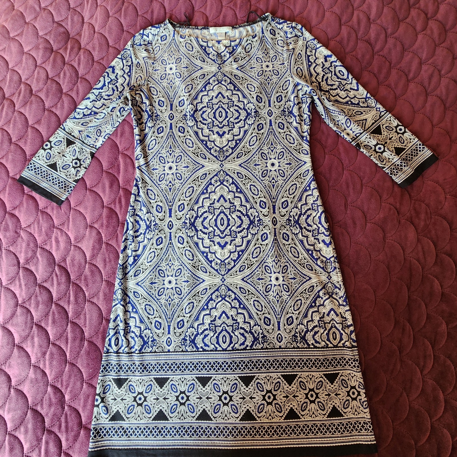 London Style Collection Paisley Sheath Dress 3/4 Sleeve Stretch Knit Size 4