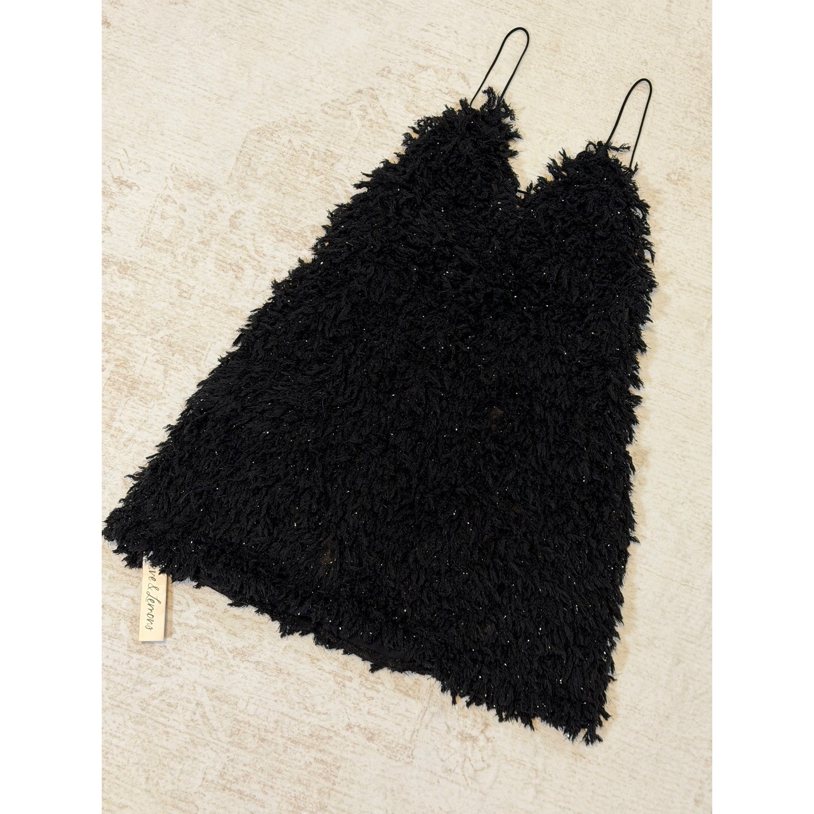 For Love & Lemons Black Shaggy Tinsel Mini Dress Backless Party Womens Medium