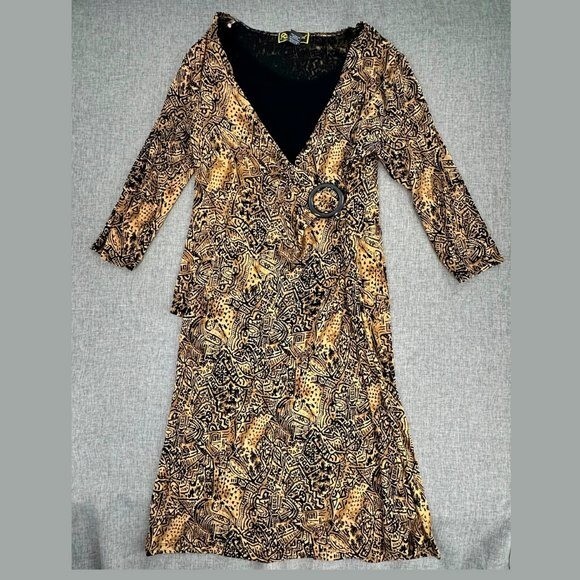 Vintage Marisol Midi Dress Large 96% Acetate 4% Spandex Tan & Black Low V-Neck.