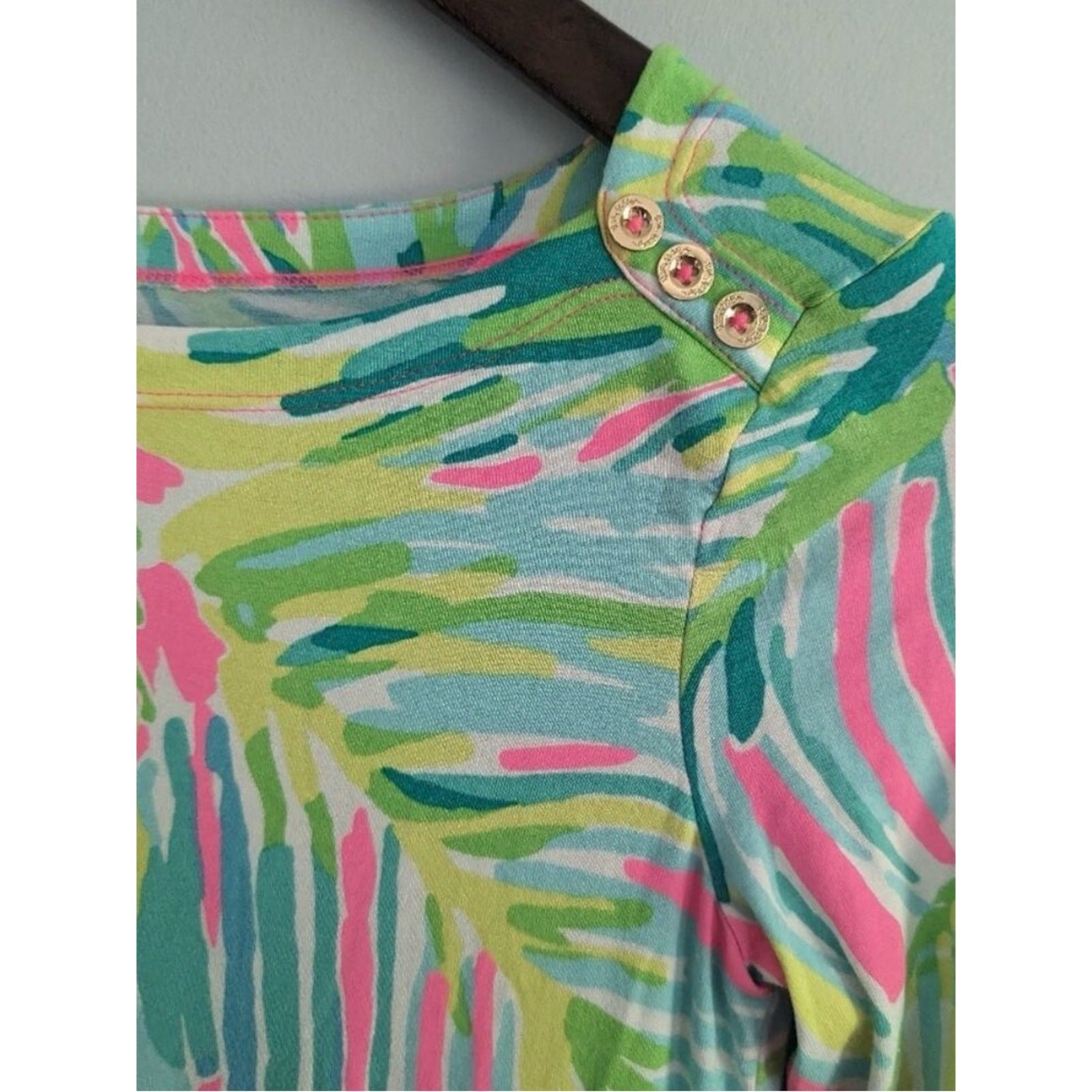 Lilly Pulitzer XXS Tropical Palm Print Shift Dress Gold Button 3/4 Sleeve