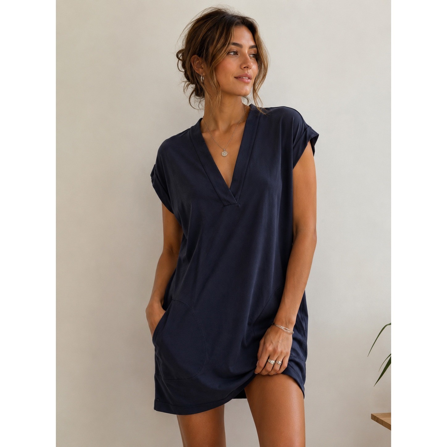 ATM Anthony Thomas Melillo Navy Pima Cotton V-Neck Pocket T-Shirt Dress XS
