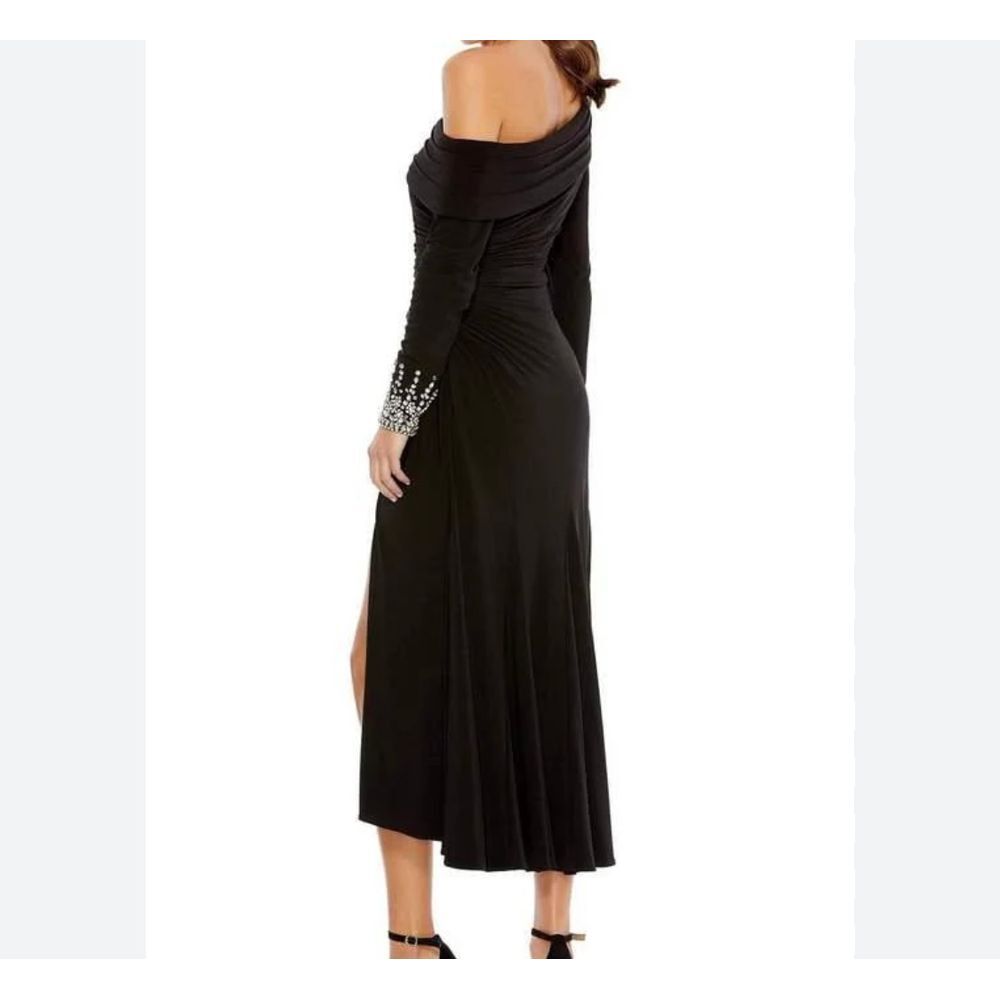 leena For Macduggal Asymmetrical Black Midi Dress Slit Size 0 NWT Style MD26485