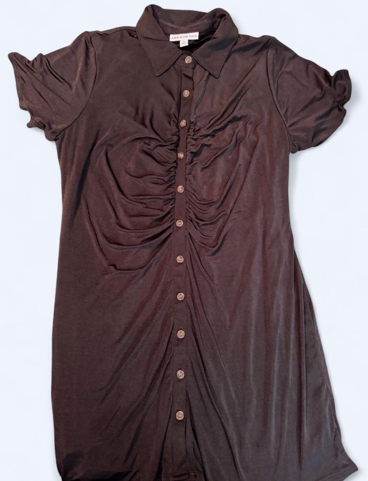 And Now This Brown Knit Ruched Stretch Shirt Dress Collared Button Front 2X