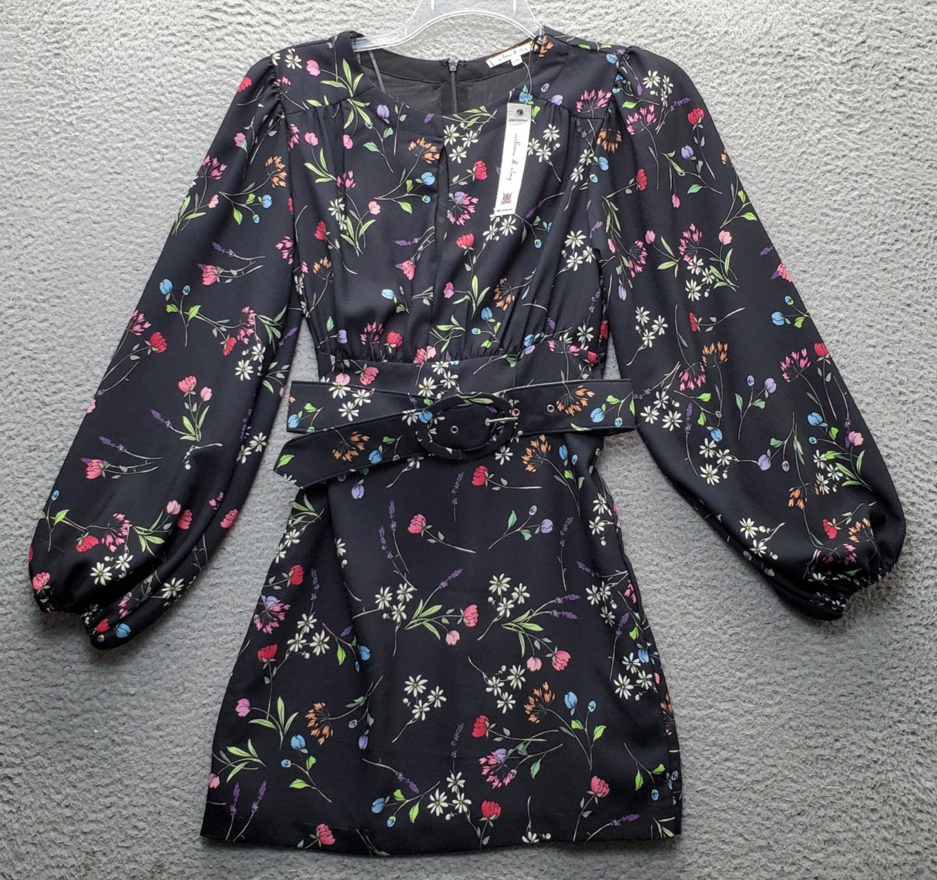 Willow & Clay Mini Dress Womens XS Multi Floral Long Sleeve Keyhole Neck Belted