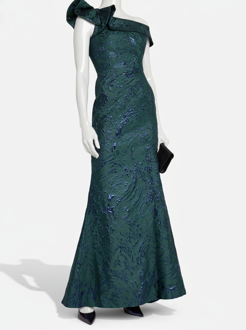 Rickie Freeman by Teri Jon Women’s Green Jacquard One-Shoulder Dress Size 8