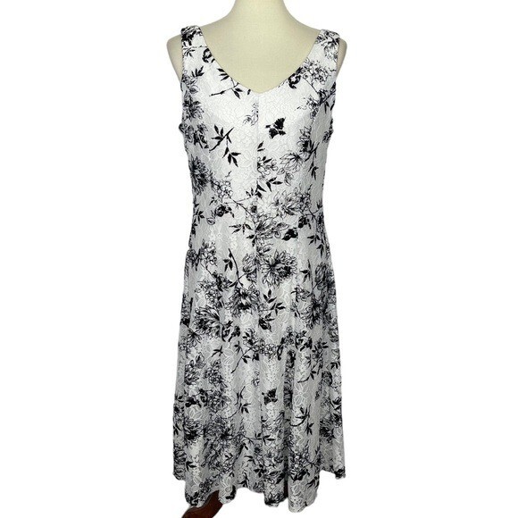 Gabby Skye Dress Women 12 White Black Print Floral Bird Lace Overlay Sleeveless